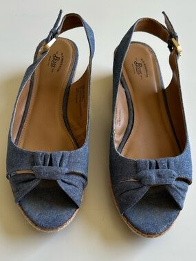 Bass Christy Denim Blue Slingback Peep-Toe Wedge Sandals